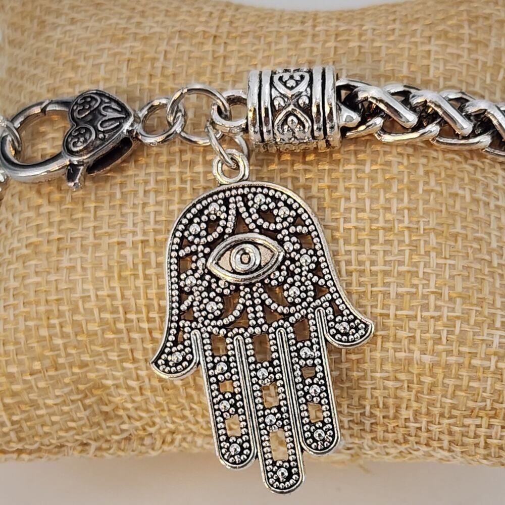 Retro Ornate Style Fatima Hand Twisted Chain Bracelet Silvertone Heavier Metal